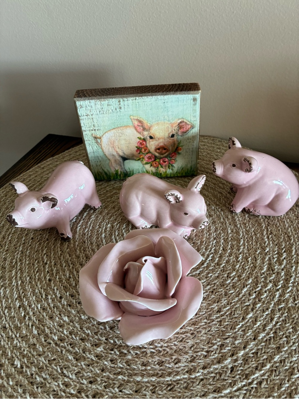 Primitives by Kathy Pink Ceramic Pig Figurine Trio with Rose Accent